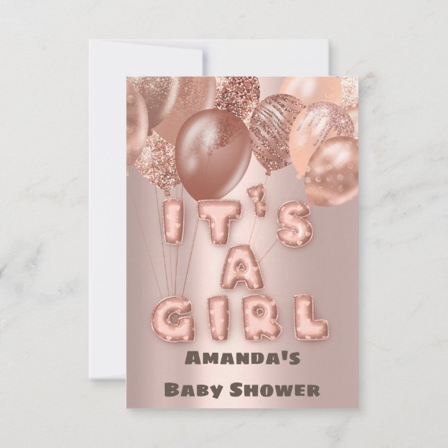 New Baby Shower It's A Girl Rose Gold Ballons Invitation (Back)