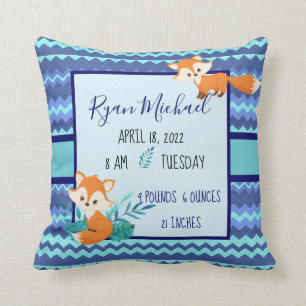 New Baby Stats Pillow Fox Blue Shower Gift Boy