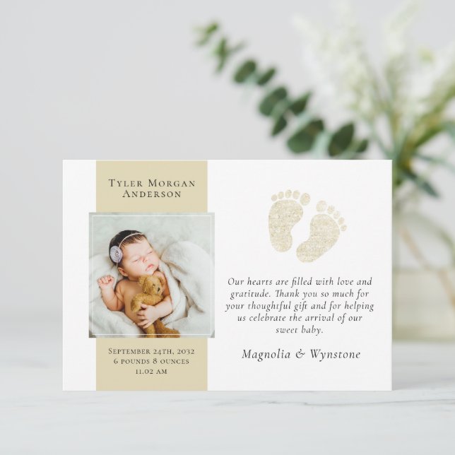 New Baby Thank You | Photo Gold Glitter Feet Card (Standing Front)