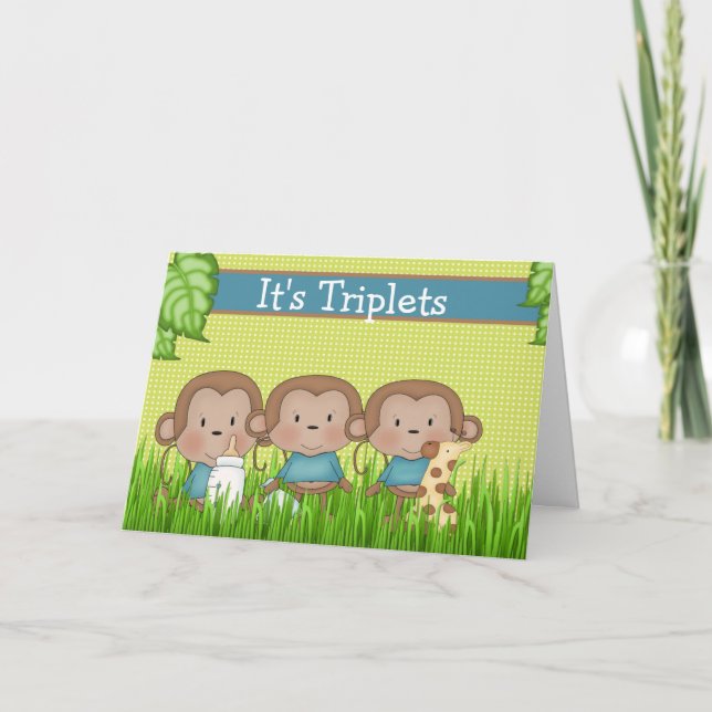 New Baby Triplet Boys Cute Monkey Card (Front)