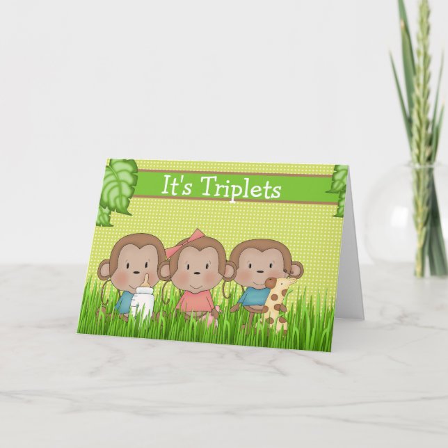 New Baby Triplet Two Boys One Girl Cute Monkey Announcement (Front)