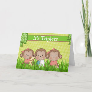 New Baby Triplet Two Girls One Boy Cute Monkey Card