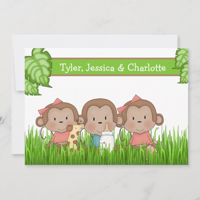 New Baby Triplets Two Girls And Boy Cute Monkey Announcement (Front)