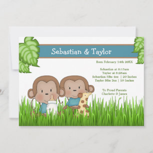 New Baby Twin Boys Cute Monkey Announcement