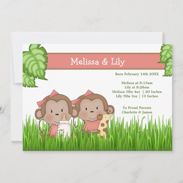 New Baby Twin Girls Cute Monkey Announcement (Front)