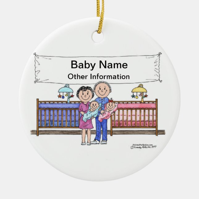 New Baby, Twins - Girl & Boy Ceramic Tree Decoration (Front)