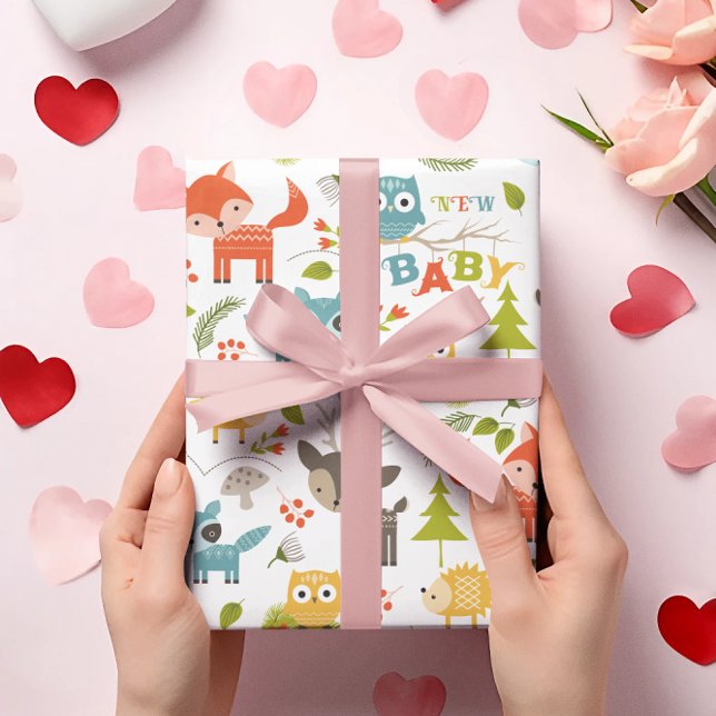 New Baby Typography With Cute Wood Animals Wrapping Paper (Creator Uploaded)