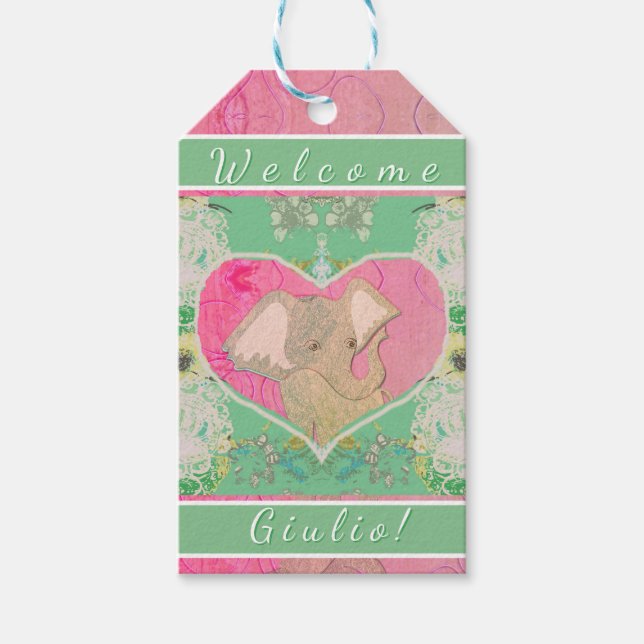 New Baby w/Elephant Pink Green Gift Tag (Front)