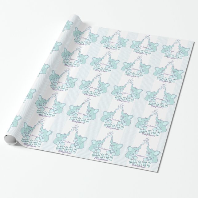 New baby welcome nephew name blue wrap wrapping paper (Unrolled)