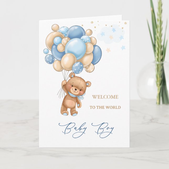 New Baby Welcome To The World Bear Blue Balloons  Card (Front)