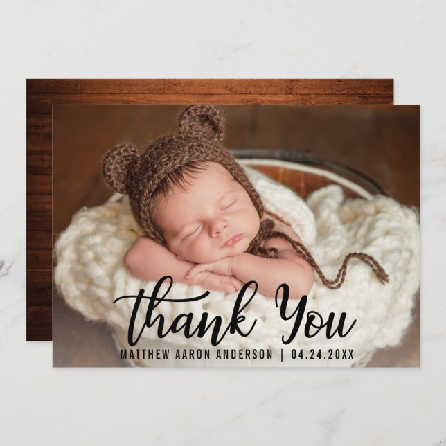 New Baby Wood Thank You Blk Script Card (Front/Back)