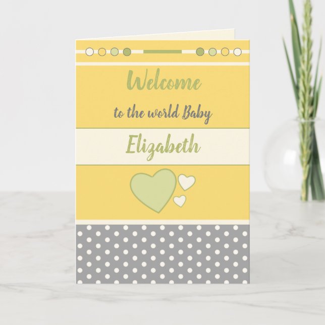 New Baby yellow green gray with name welcome Card (Front)