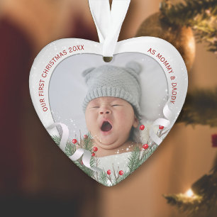 New Baby's 1st Christmas Silver Frame Holly & Pine Ornament