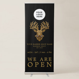 New Barber Shop We Are Open Gold Stag Retractable Banner
