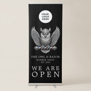 New Barber Shop We Are Open Silver Owl Retractable Banner
