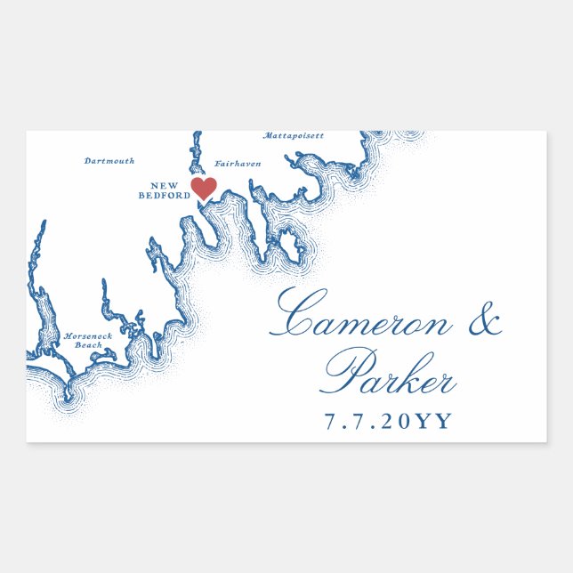 New Bedford MA Wedding Elegant Navy Blue Map Rectangular Sticker (Front)