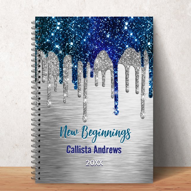 New beginnings Blue silver glitter Drips monogram Notebook (Creator Uploaded)