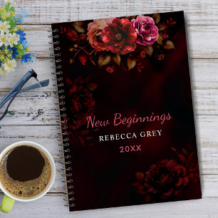 New beginnings dark red black floral large notebook