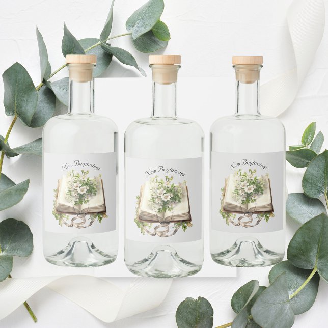 New Beginnings Floral Open Book Wedding Liquor Bottle Label (New Beginnings Liquor Labels )
