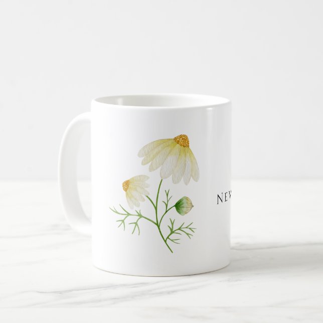 New Beginnings Minimalist Botanical Daisy Flower Coffee Mug (Front Left)