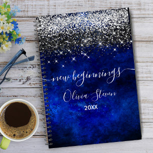 New beginnings royal blue silver faux glitter notebook