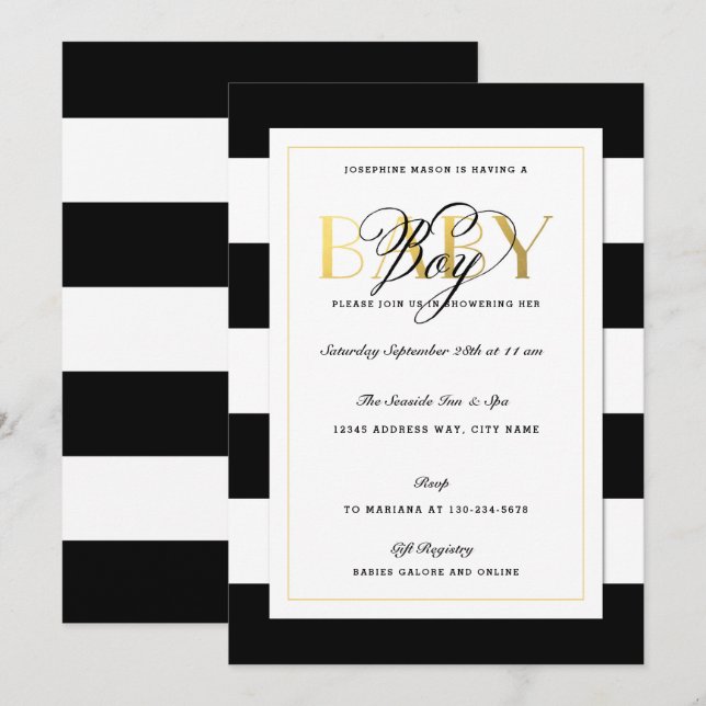 NEW Black & White Stripe Baby Boy Shower Gold Invitation (Front/Back)
