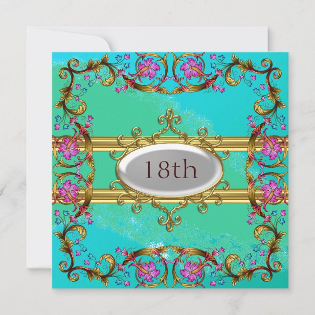 New Blue Teal Birthday Party Flower Frame Invitation (Front)