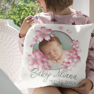 New Born Baby Girl Photo Keepsake Pink Flowers Cushion