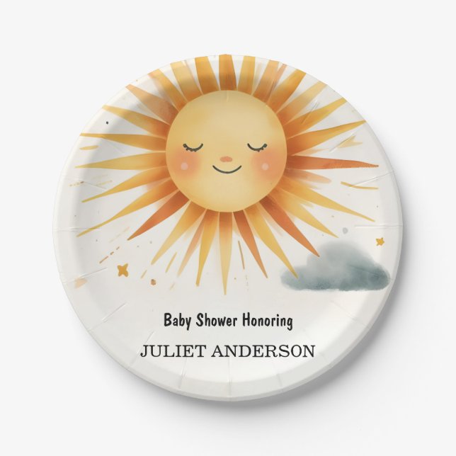 New Boy Pink Unique Sky Cloud Sunshine Baby Shower Paper Plate (Front)