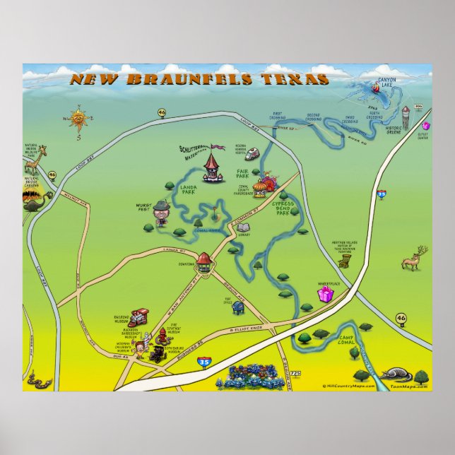 New Braunfels Texas Cartoon Map Poster (Front)