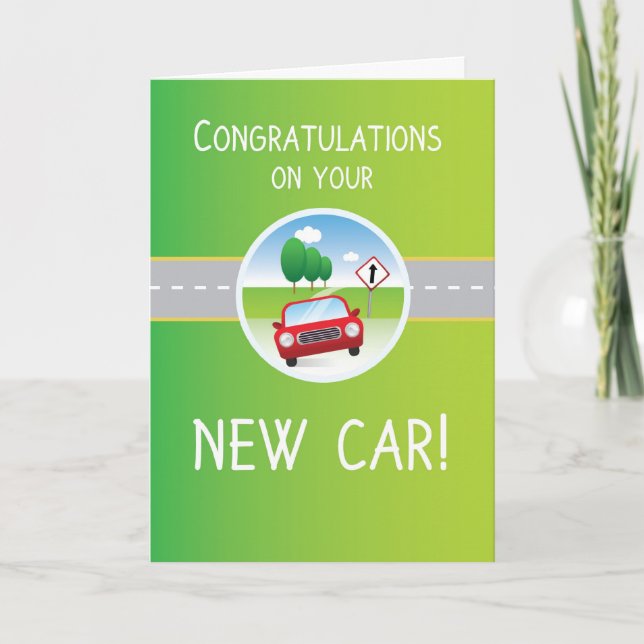 New Car Congratulations, Car on Road Card (Front)