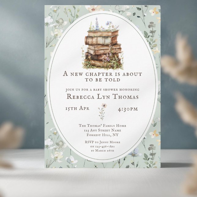 New chapter baby shower watercolor, wildflower invitation (baby shower new chapter green flower)