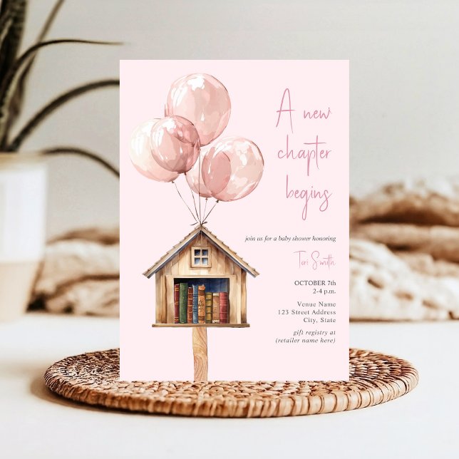 New Chapter Balloons Library Book Baby Shower Pink Invitation (Creator Uploaded)