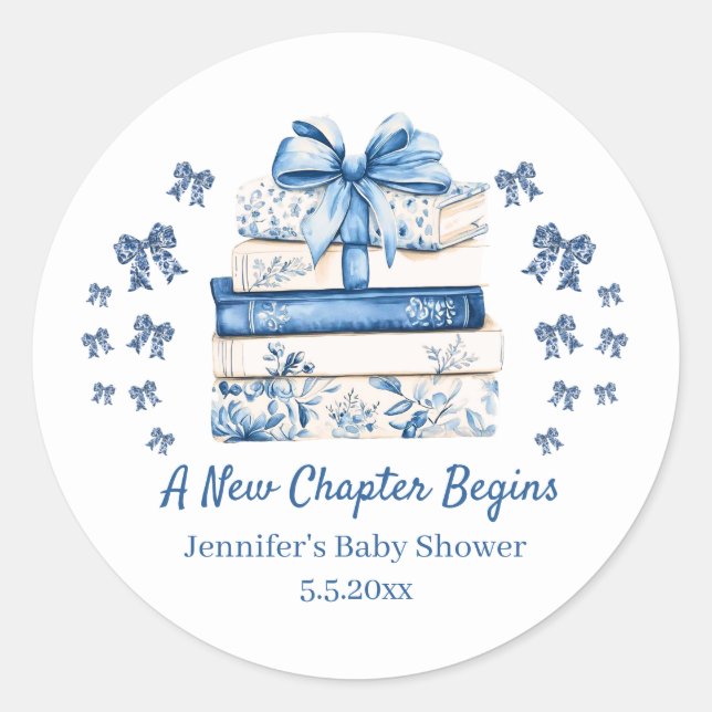 new chapter begins,blue bow books baby shower cute classic round sticker (Front)
