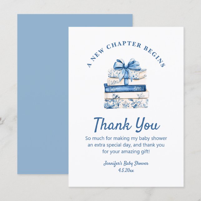 new chapter begins, blue bow books thank you card (Front/Back)