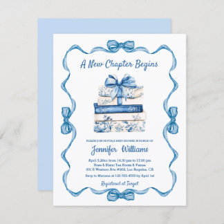  new chapter begins blue ribbon books baby shower  invitation