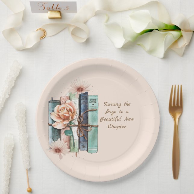 New Chapter Begins Book Stack Floral Paper Plate (Wedding)