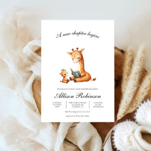New chapter begins Book theme Giraffe baby shower Invitation