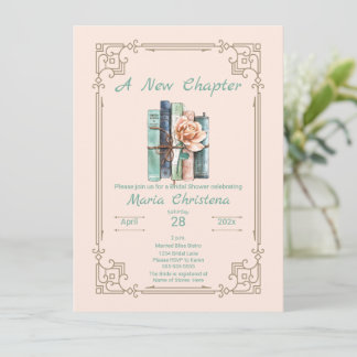 New Chapter Begins Bridal Shower Book Stack Floral Invitation