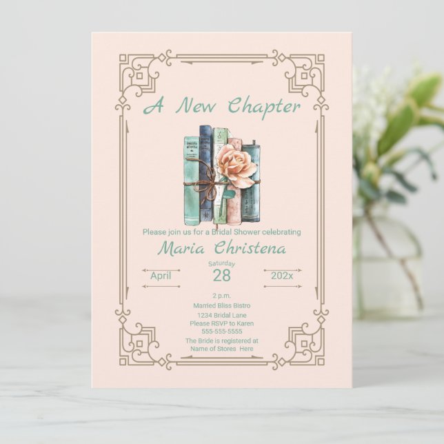 New Chapter Begins Bridal Shower Book Stack Floral Invitation (Standing Front)