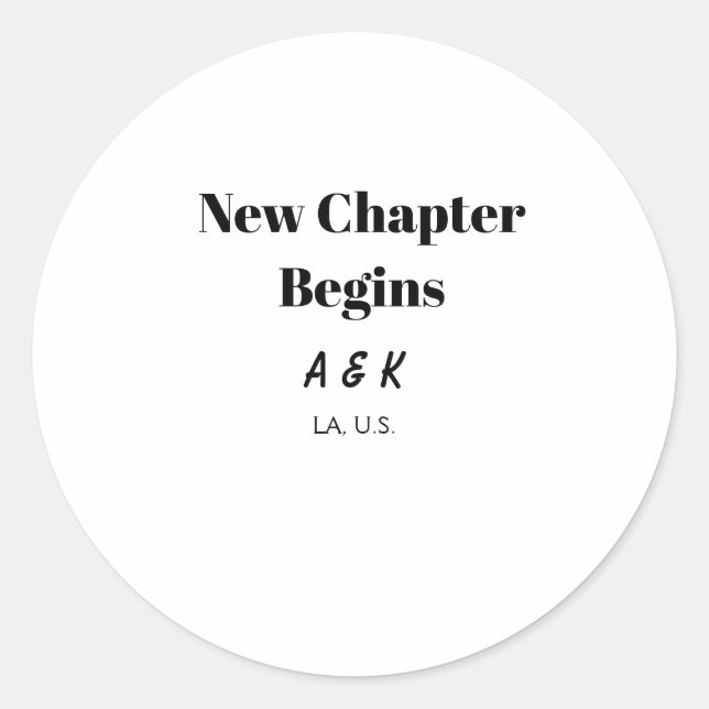 NEW CHAPTER BEGINS couple name wedding PLACE SIMPL Classic Round Sticker (Front)