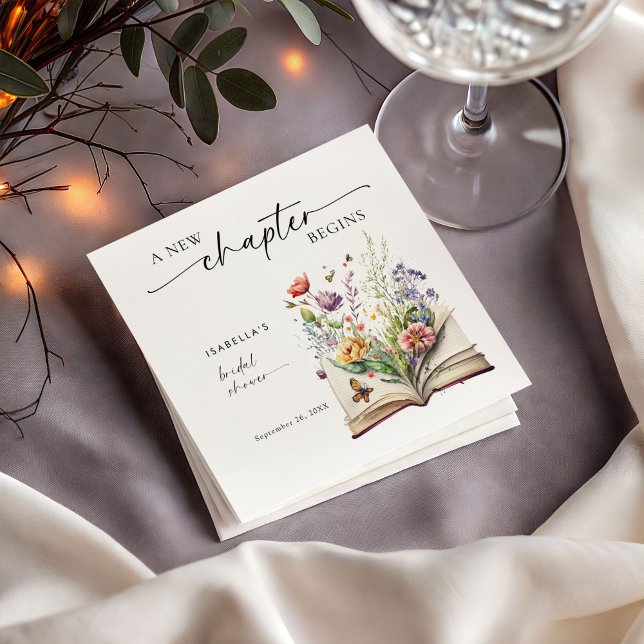 New Chapter Begins Floral Book Bridal Shower Napkin (Creator Uploaded)