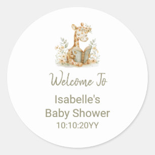 New Chapter Begins Giraffe Storybook Baby Shower  Classic Round Sticker
