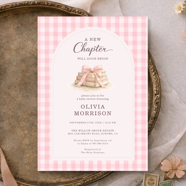New Chapter Begins Pink Gingham Baby Shower Invitation (Creator Uploaded)