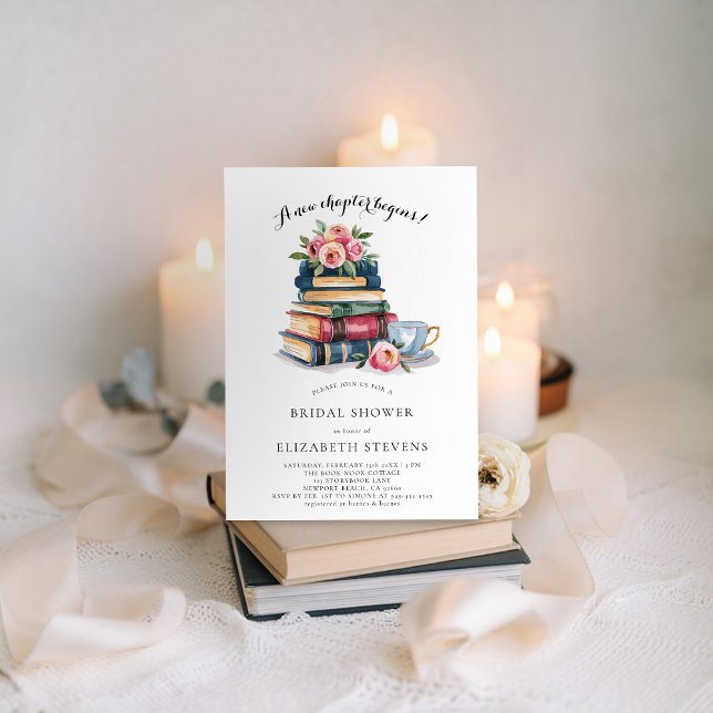 New Chapter Book Lover Bookworm Chic Bridal Shower Invitation (a new chapter bridal shower invitation book lover bookworm library literary floral peony elegant)
