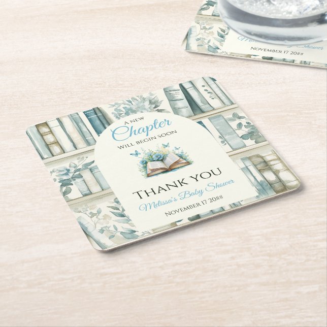 New Chapter Boy Library Book Baby Shower Decor Square Paper Coaster (Angled)