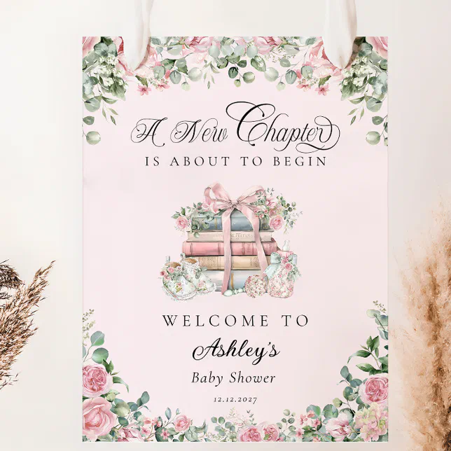 New Chapter Pink Bow Floral Baby Shower Welcome Poster | Zazzle