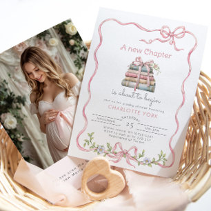 New Chapter Pink Bow photo QR code Baby Shower Invitation