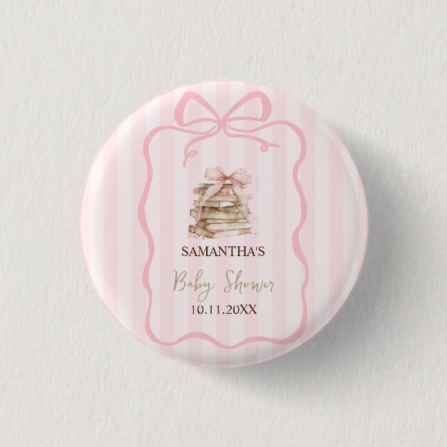 New Chapter Pink Bow Stripes Baby Shower 3 Cm Round Badge (Front)