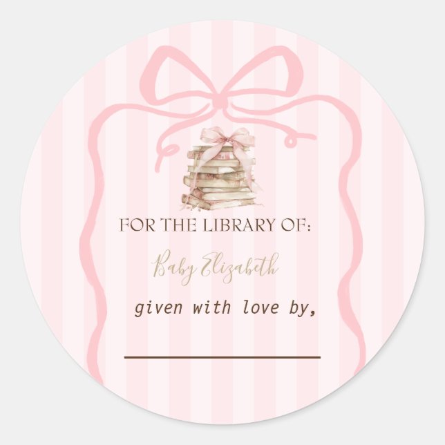 New Chapter Pink Bow Stripes Baby Shower Classic Round Sticker (Front)